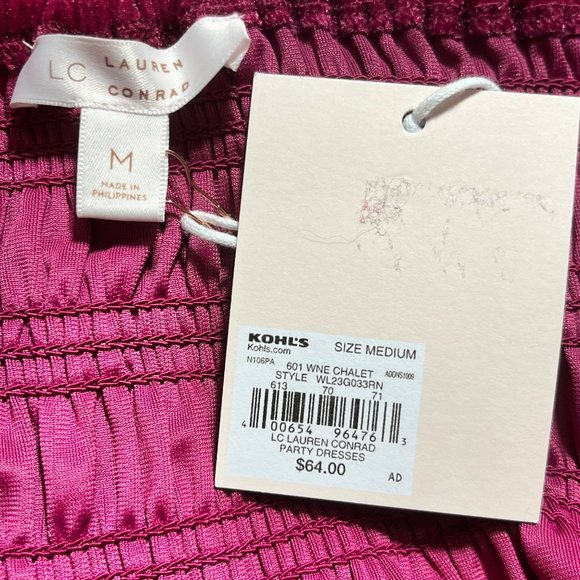 NEW LAUREN CONRAD VELVET SMOCKED DRESS PINK MEDIUM LONG SLEEVE MINI FUCHSIA NWT - Picture 5 of 7